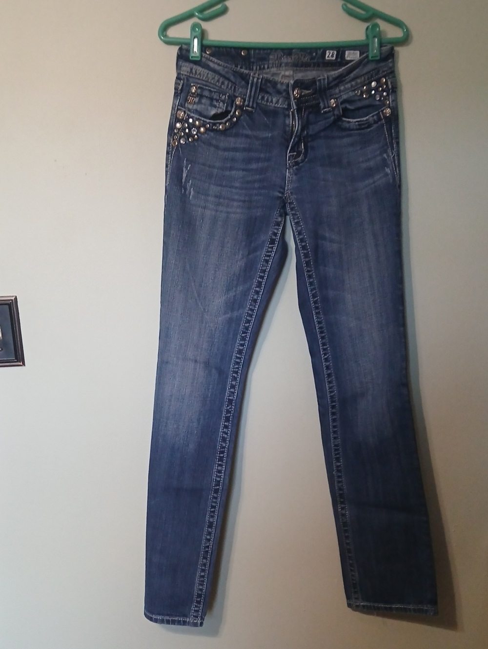 Miss Me Dark Blue Straight Jeans with Studded Pockets Size 28